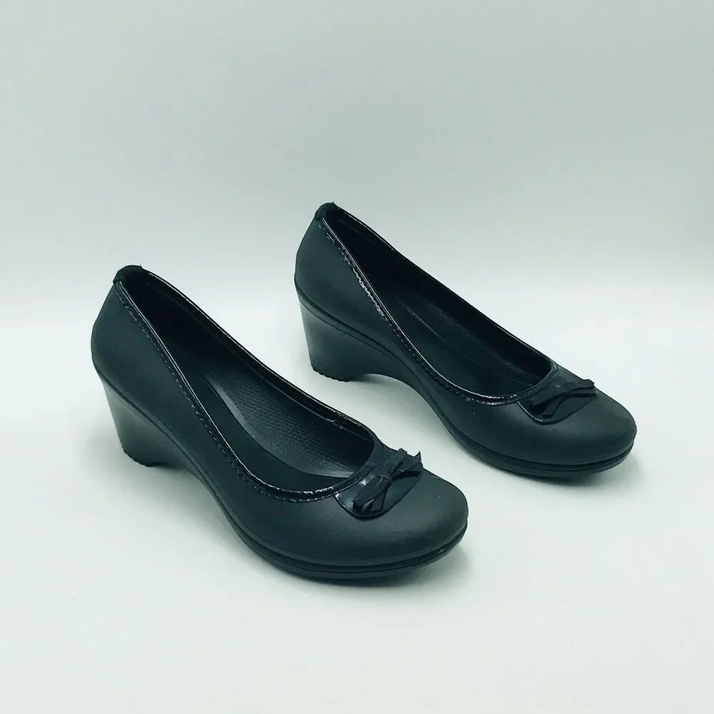 Crocs Women's 9 Lena Wedges Sandals Rubber Black Bow Comfort Career Office